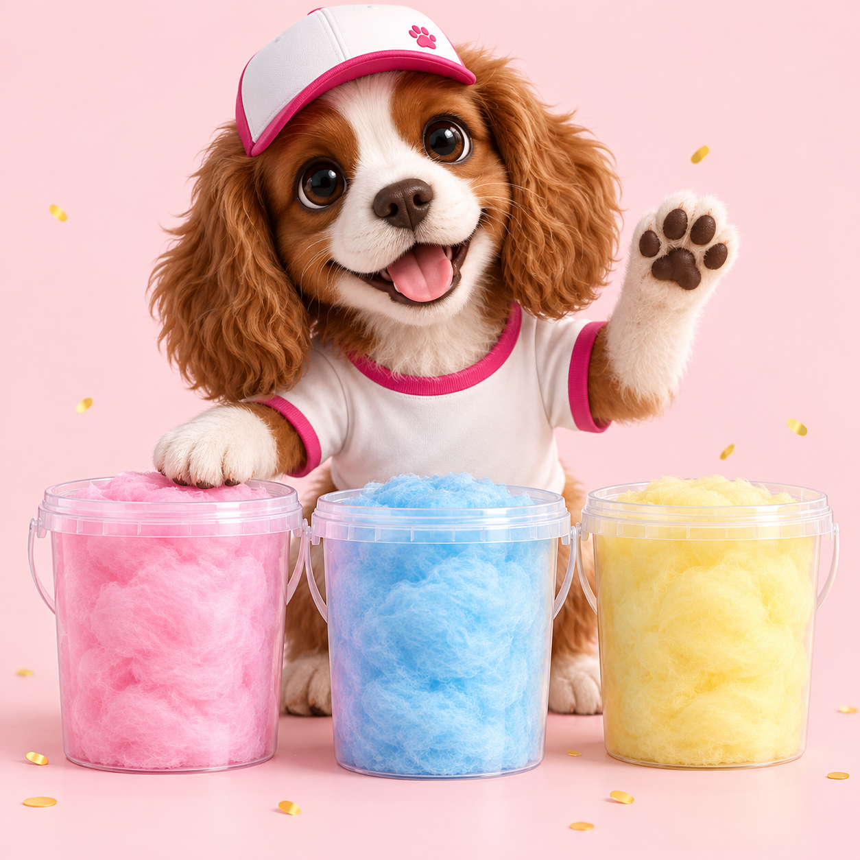 Patchy, our cheerful puppy mascot, waving beside pink, blue and yellow fairy floss pails